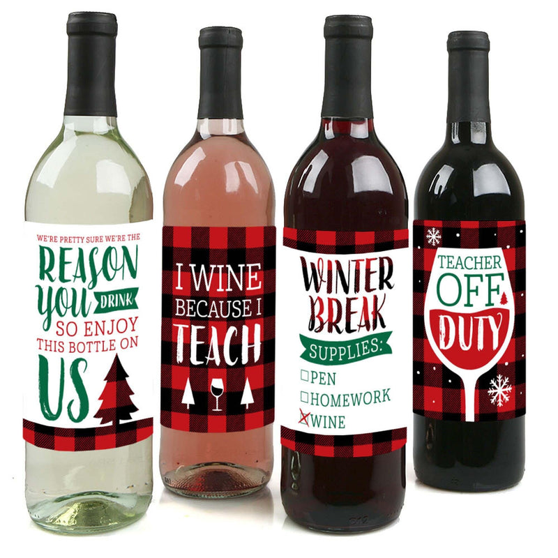 Plaid Teacher Appreciation - Holiday and Christmas Gifts Decorations for Women and Men - Wine Bottle Label Stickers - Set of 4