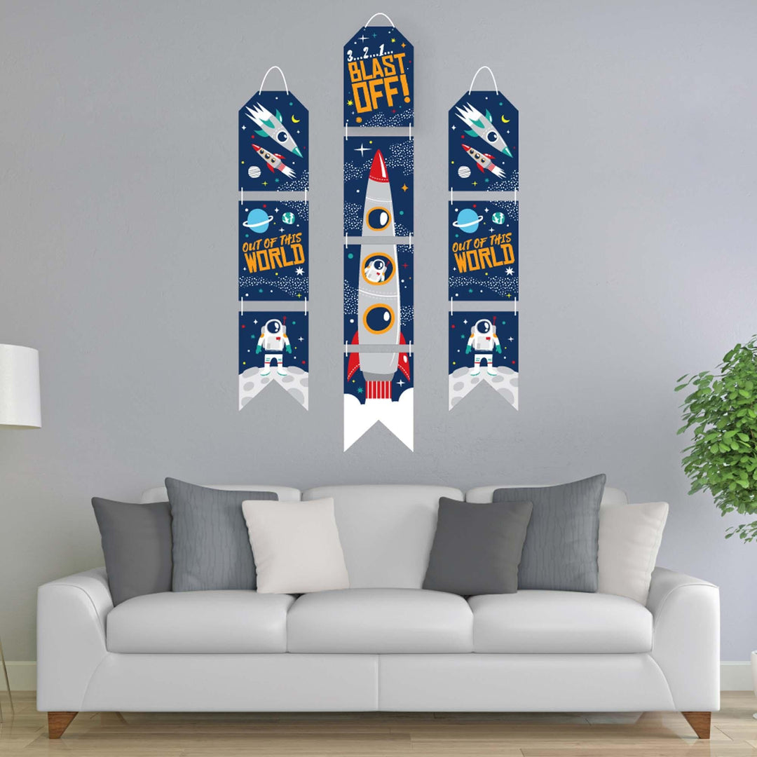 Blast Off to Outer Space - Hanging Vertical Paper Door Banners - Rocket Ship Baby Shower or Birthday Party Wall Decoration Kit - Indoor Door Decor