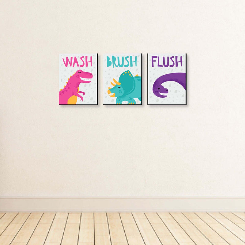 Roar Dinosaur Girl - Kids Bathroom Rules Wall Art - 7.5 x 10 inches - Set of 3 Signs - Wash, Brush, Flush