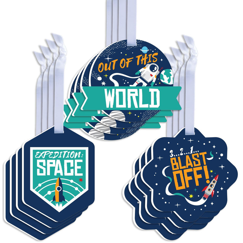 Blast Off to Outer Space - Assorted Hanging Rocket Ship Baby Shower or Birthday Party Favor Tags - Gift Tag Toppers - Set of 12