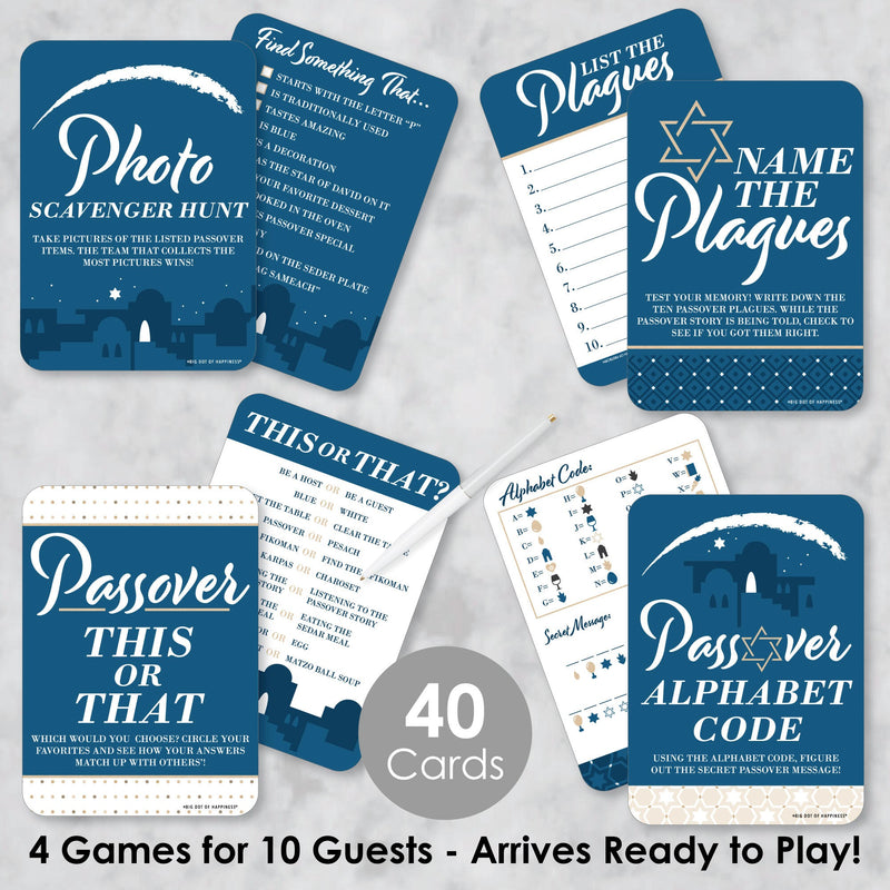 Happy Passover - 4 Pesach Jewish Holiday Party Games - 10 Cards Each - Photo Scavenger Hunt, Name the Plagues, This or That, Alphabet Code - Gamerific Bundle