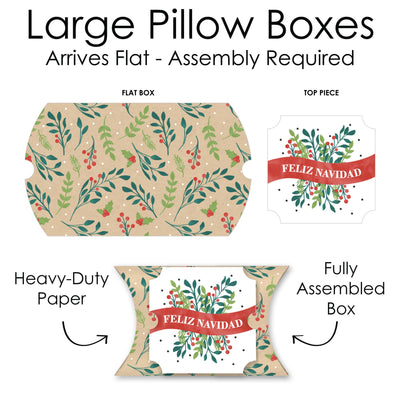 Feliz Navidad - Favor Gift Boxes - Holiday and Spanish Christmas Party Large Pillow Boxes - Set of 12
