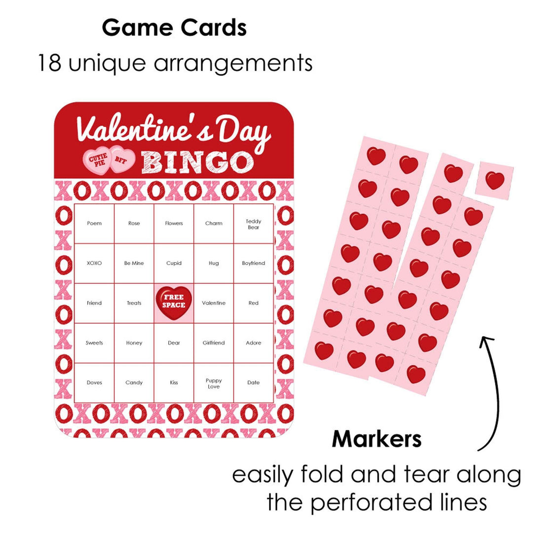 Conversation Hearts - Bingo Cards and Markers - Valentine's Day Party Bingo Game - Set of 18