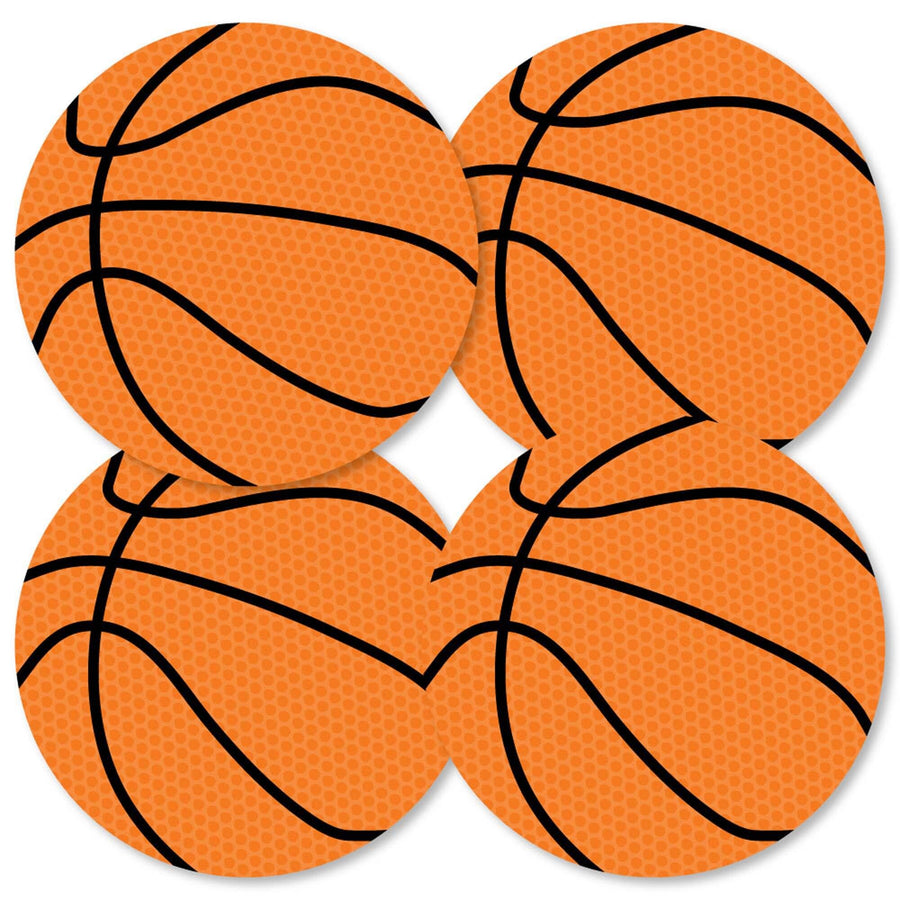 A set of round, basketball-shaped decorations with orange, black, and white colors. Perfect for DIY Basketball Party ideas 