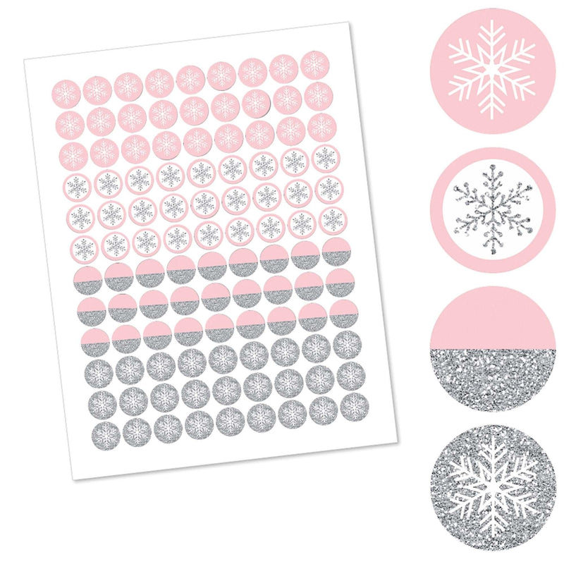 Pink Winter Wonderland - Round Candy Labels Holiday Snowflake Birthday Party and Baby Shower Favors - Fits Hershey Kisses - 108 ct