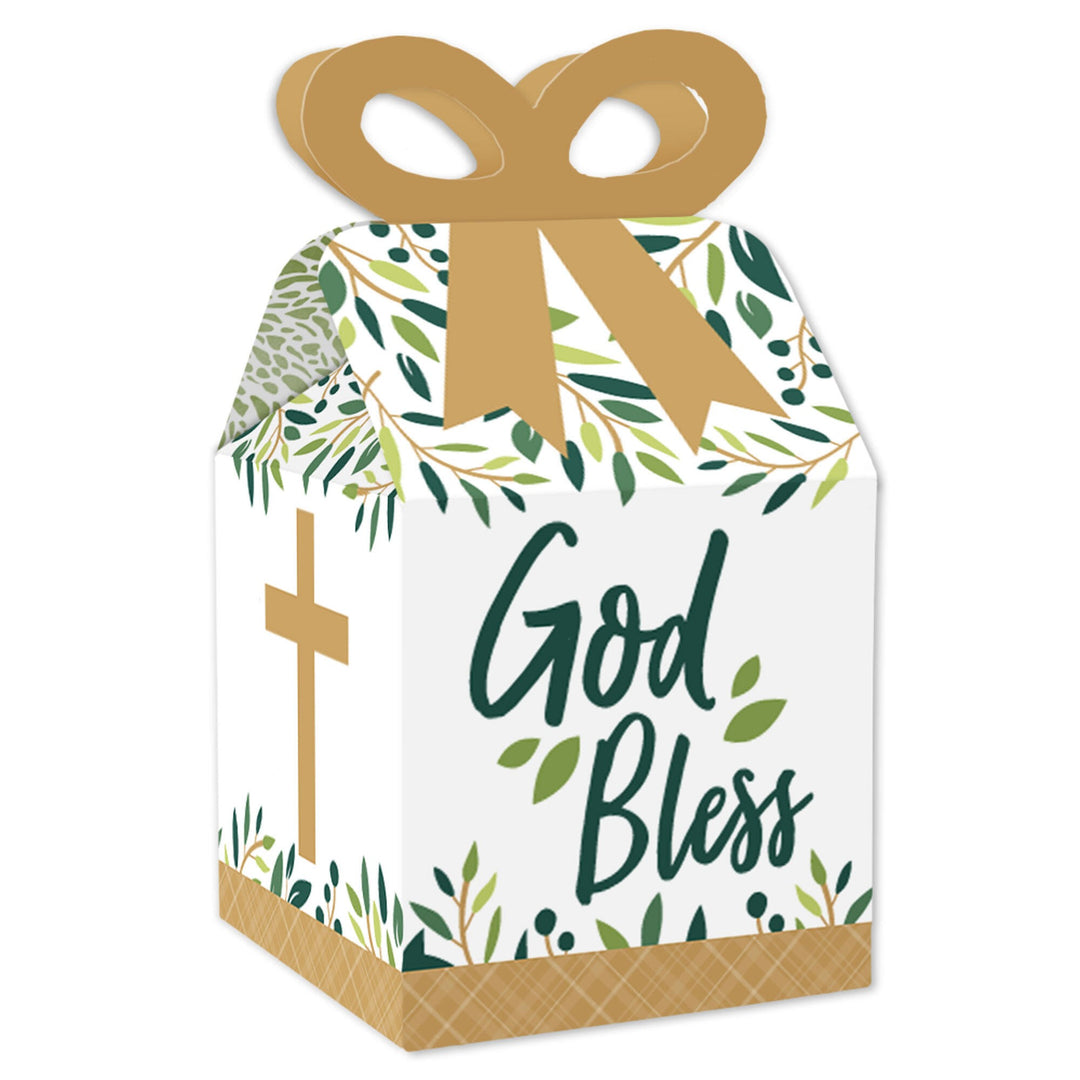 A square favor gift box with a beige ribbon, green leaves pattern and the text 'God Bless' printed on it.