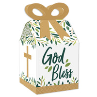 A square favor gift box with a beige ribbon, green leaves pattern and the text 'God Bless' printed on it.