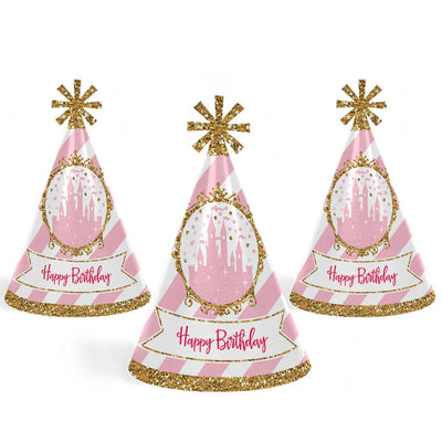 Little Princess Crown - Cone Pink and Gold Princess Happy Birthday Party Hats for Kids and Adults - Set of 8 (Standard Size)