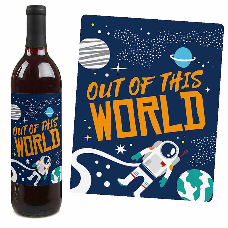 Blast Off to Outer Space - Rocket Ship Baby Shower or Birthday Party Decorations for Women and Men - Wine Bottle Label Stickers - Set of 4
