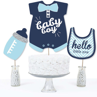 Hello Little One - Blue and Silver - Boy Baby Shower Party Centerpiece Sticks - Table Toppers - Set of 15