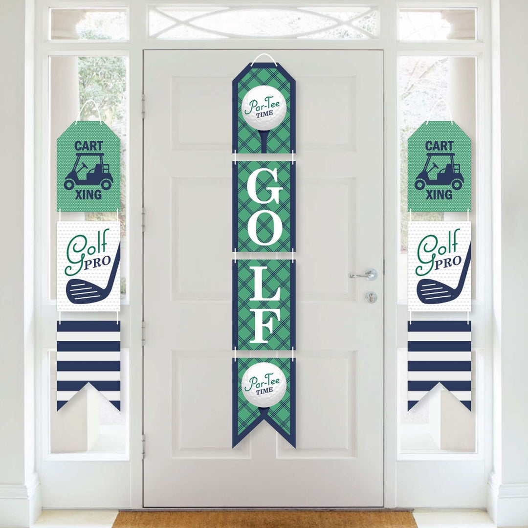 A set of vertical paper door banners with 'GOLF PRO' text and themed graphics, including a golf ball and clubs, designed for indoor door decoration.