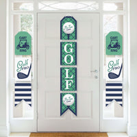 A set of vertical paper door banners with 'GOLF PRO' text and themed graphics, including a golf ball and clubs, designed for indoor door decoration.