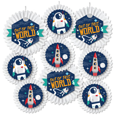 Blast Off to Outer Space - Hanging Rocket Ship Baby Shower or Birthday Party Tissue Decoration Kit - Paper Fans - Set of 9