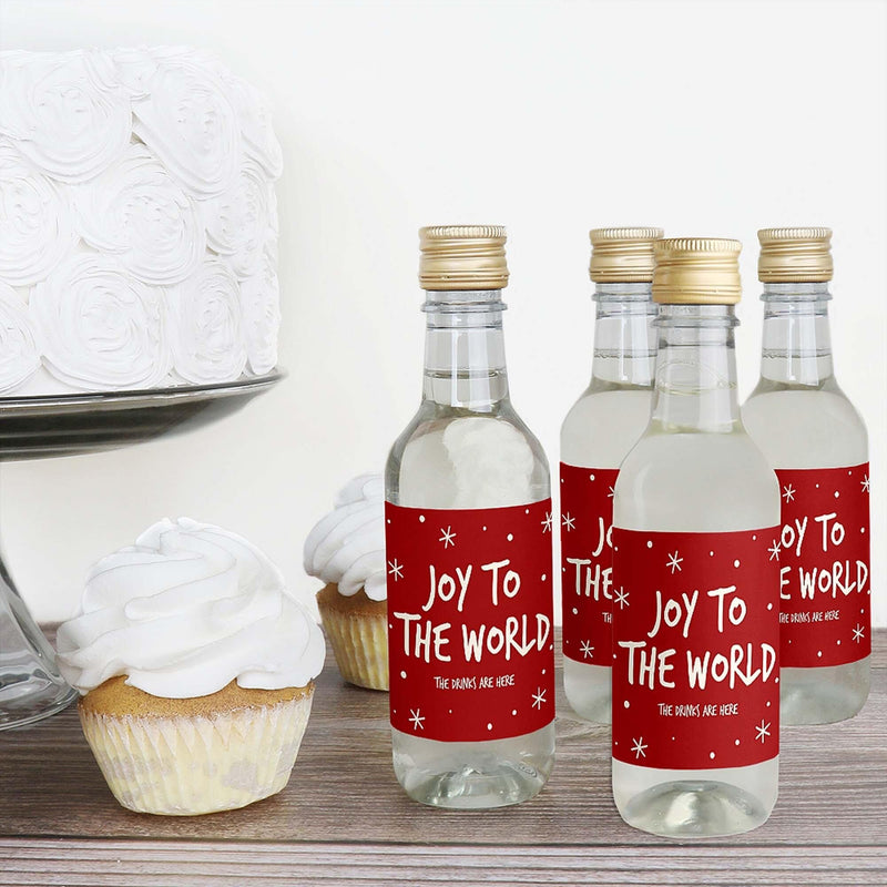 Joy To The World Christmas - Mini Wine and Champagne Bottle Label Stickers - Holiday Party Favor Gift - Set of 16