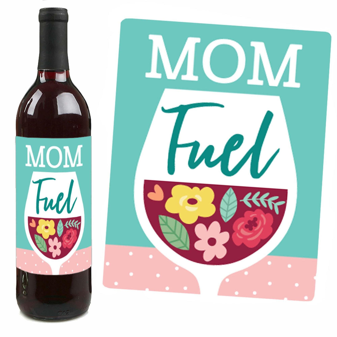 Colorful Floral Happy Mother's Day - We Love Mom Party Decorations for Women and Men - Wine Bottle Label Stickers - Set of 4