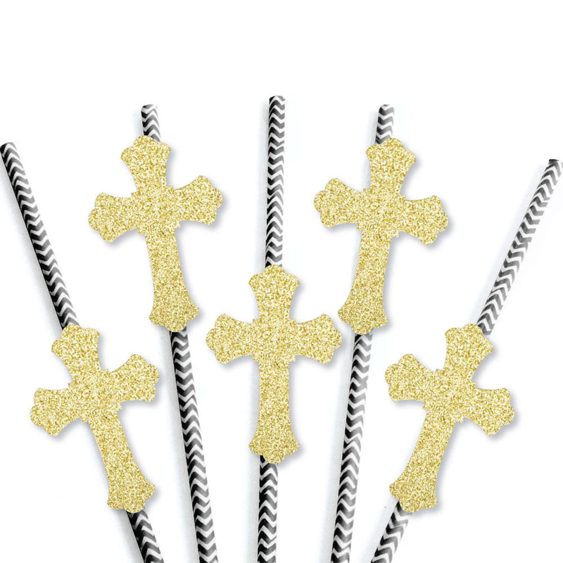 Gold Glitter Cross Party Straws - No-Mess Real Gold Glitter Cut-Outs and Decorative Baptism or Baby Shower Paper Straws - Set of 24