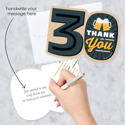 Cheers and Beers to 30 Years - Shaped Thank You Cards - Birthday Party Thank You Note Cards with Envelopes - Set of 12
