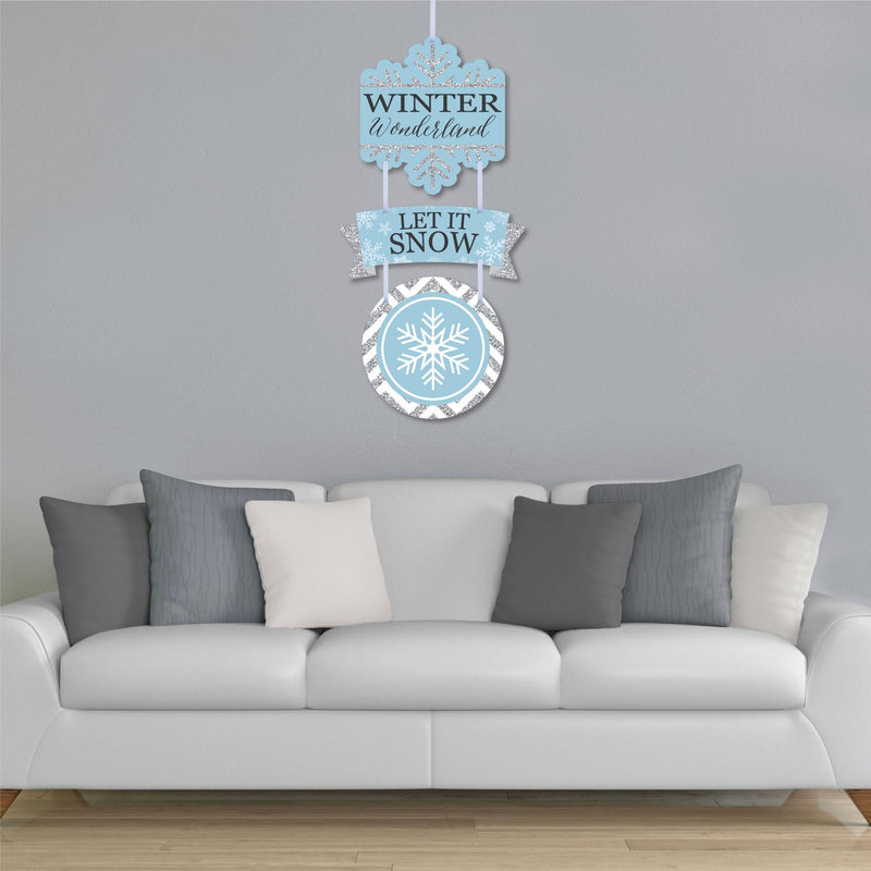 Winter Wonderland - Hanging Porch Snowflake Holiday Party and Winter Wedding Outdoor Decorations - Front Door Decor - 3 Piece Sign