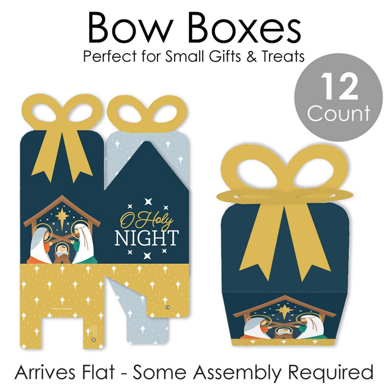 Holy Nativity - Square Favor Gift Boxes - Manger Scene Religious Christmas Bow Boxes - Set of 12