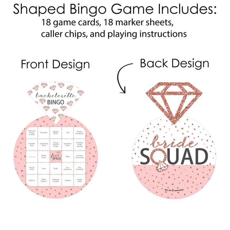 Bride Squad - Bar Bingo Cards and Markers - Rose Gold Bridal Shower or Bachelorette Party Shaped Bingo Game - Set of 18