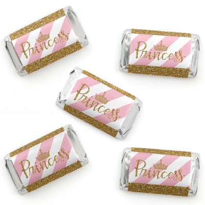 Little Princess Crown - Mini Candy Bar Wrapper Stickers - Pink and Gold Princess Baby Shower or Birthday Party Small Favors - 40 Count