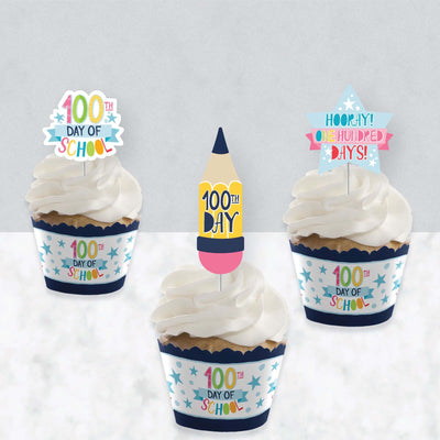 Happy 100th Day of School - Cupcake Decoration - 100 Days Party Cupcake Wrappers and Treat Picks Kit - Set of 24