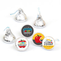 A collection of round candy stickers with various designs related to teacher retirement, including phrases like 'School's Forever' and 'Class Dismissed'. The candies are designed to fit the bottom of Hershey's Kisses chocolates.