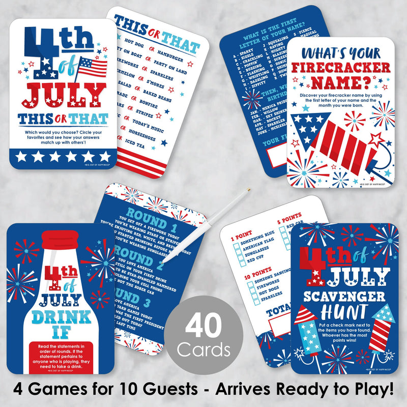 Firecracker 4th of July - 4 Red, White and Royal Blue Party Games - 10 Cards Each - Gamerific Bundle