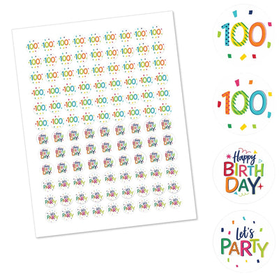 100th Birthday - Cheerful Happy Birthday - Round Candy Labels Colorful One Hundredth Birthday Party Favors - Fits Hershey's Kisses - 108 ct