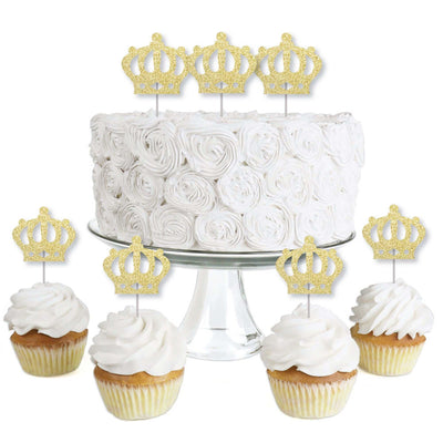 Gold Glitter Prince Crown - No-Mess Real Gold Glitter Dessert Cupcake Toppers - Royal Prince Charming Baby Shower or Birthday Party Clear Treat Picks - Set of 24
