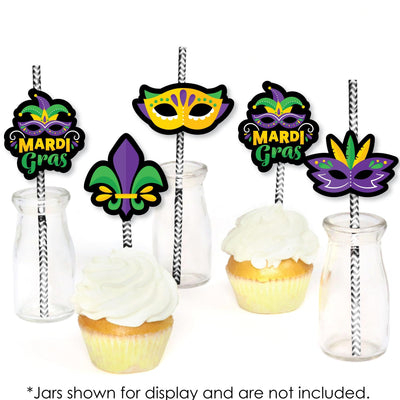 Colorful Mardi Gras Mask - Paper Straw Decor - Masquerade Party Striped Decorative Straws - Set of 24