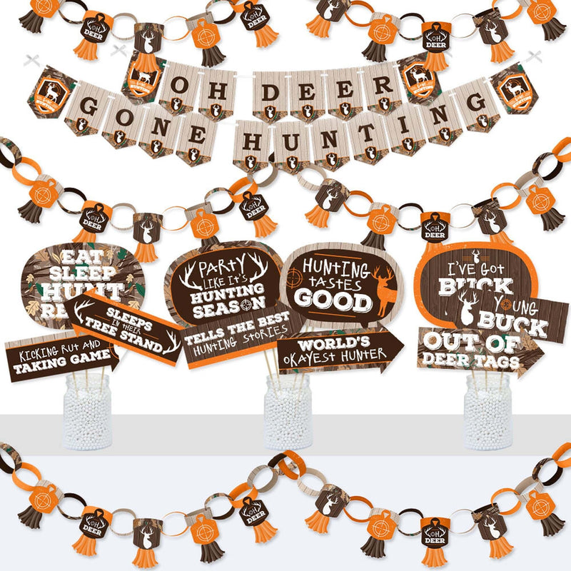 Gone Hunting - Banner and Photo Booth Decorations - Deer Hunting Camo Baby Shower or Birthday Party Supplies Kit - Doterrific Bundle