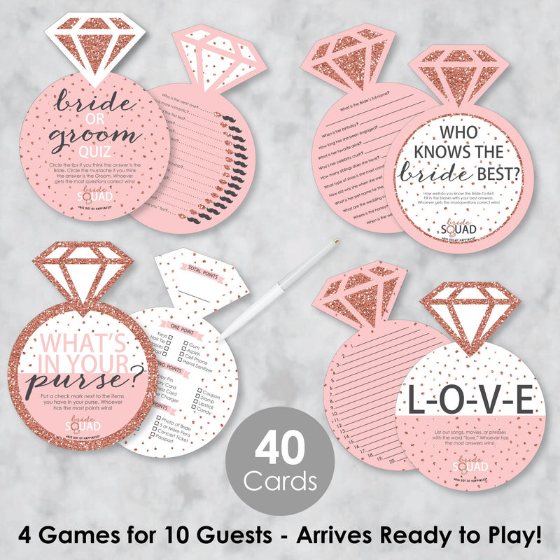 Bride Squad - 4 Rose Gold Bridal Shower or Bachelorette Party Games - 10 Cards Each - Who Knows The Bride Best, Bride or Groom Quiz, What&