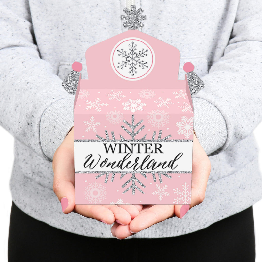 Pink Winter Wonderland - Treat Box Party Favors - Holiday Snowflake Birthday Party and Baby Shower Goodie Gable Boxes - Set of 12