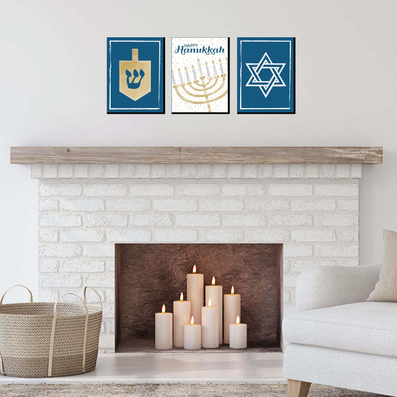 Happy Hanukkah - Chanukah Wall Art and Holiday Home Decorations - 7.5 x 10 inches - Set of 3 Prints