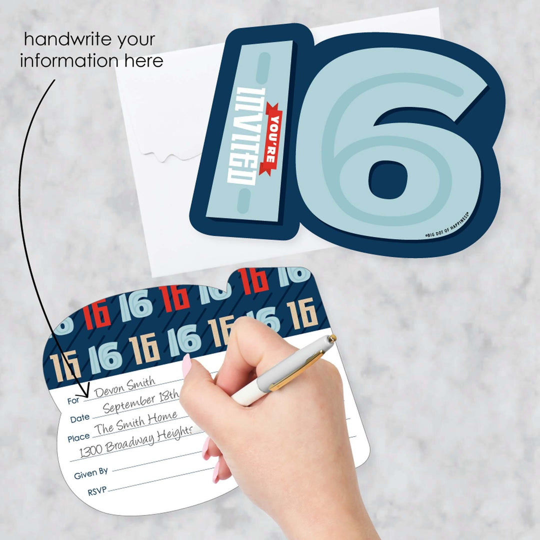 Boy 16th Birthday - Shaped Fill-In Invitations - Sweet Sixteen Birthday Party Invitation Cards with Envelopes - Set of 12