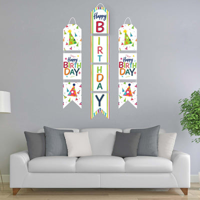 Cheerful Happy Birthday - Hanging Vertical Paper Door Banners - Colorful Birthday Party Wall Decoration Kit - Indoor Door Decor