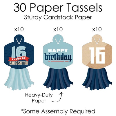 Boy 16th Birthday - 90 Chain Links and 30 Paper Tassels Decoration Kit - Sweet Sixteen Birthday Party Paper Chains Garland - 21 feet