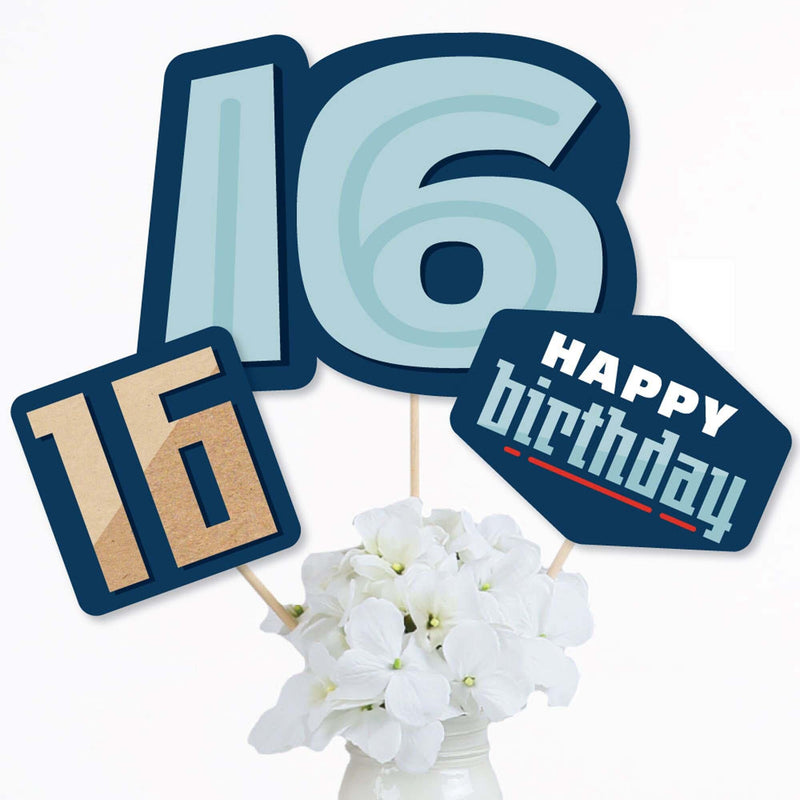 Boy 16th Birthday - Sweet Sixteen Birthday Centerpiece Sticks - Table Toppers - Set of 15