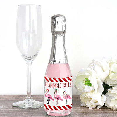 Flamingle Bells - Mini Wine and Champagne Bottle Label Stickers - Tropical Christmas Party Favor Gift - For Women and Men - Set of 16