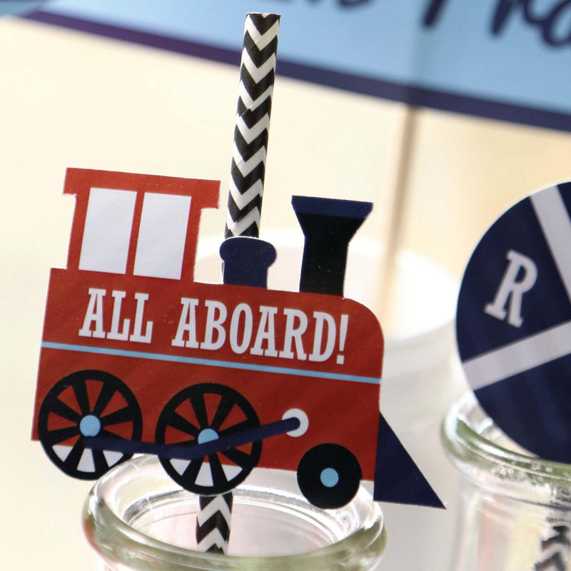 Railroad Party Crossing - Paper Straw Decor - Steam Train Birthday Party or Baby Shower Striped Decorative Straws - Set of 24