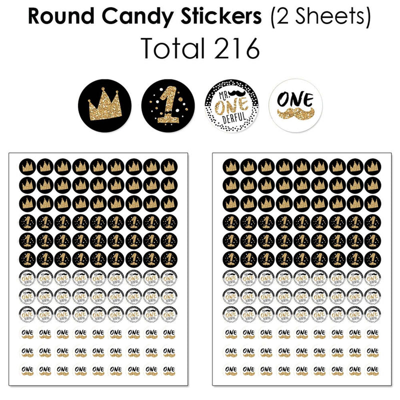 1st Birthday Little Mr. Onederful - Mini Candy Bar Wrappers, Round Candy Stickers and Circle Stickers - Boy First Birthday Party Candy Favor Sticker Kit - 304 Pieces