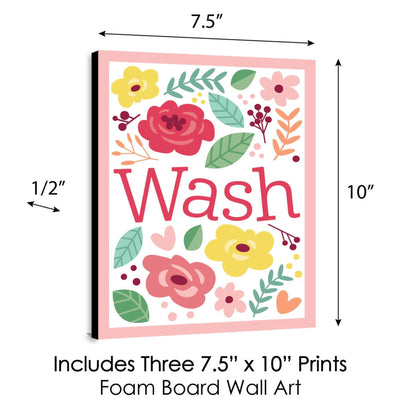 Floral Let's Par-Tea - Garden Tea Party Kids Bathroom Rules Wall Art - 7.5 x 10 inches - Set of 3 Signs - Wash, Brush, Flush