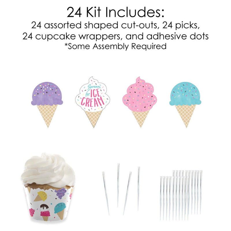 Scoop Up The Fun - Ice Cream - Cupcake Decoration - Sprinkles Party Cupcake Wrappers and Treat Picks Kit - Set of 24