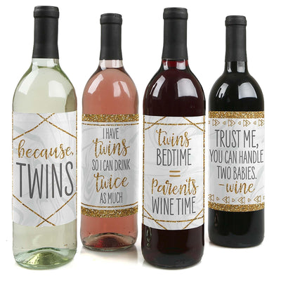 It's Twins - Gold Baby Shower Decorations for Women and Men - Wine Bottle Label Stickers - Set of 4