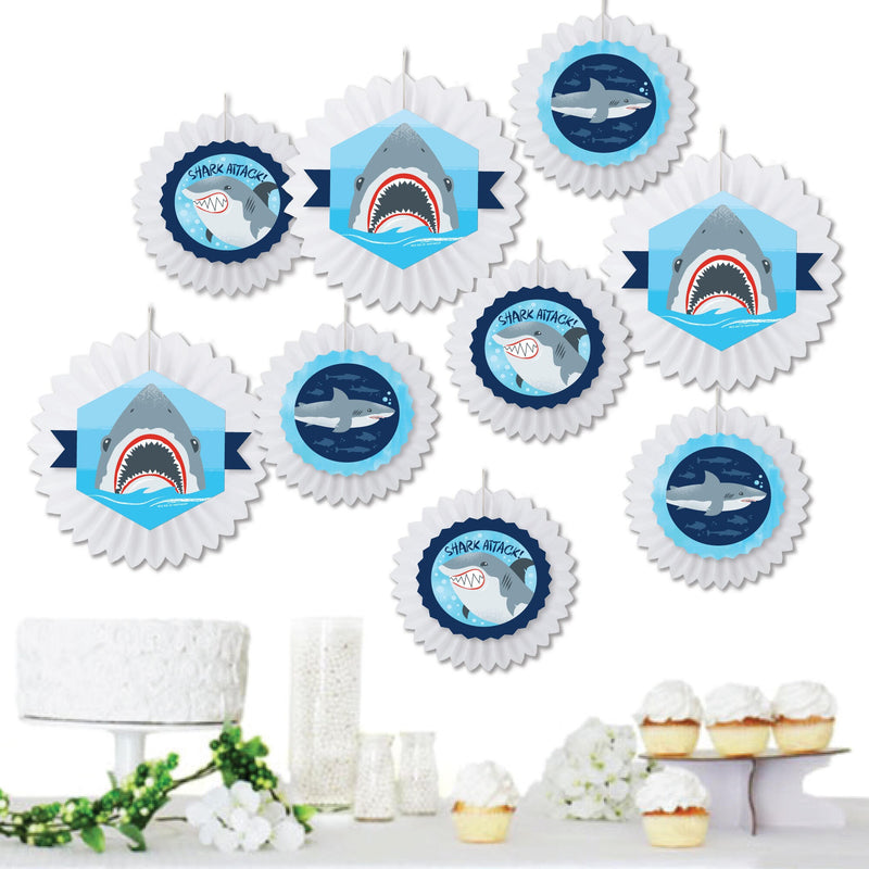 Shark Zone - Hanging Jawsome Shark Party or Birthday Party Tissue Decoration Kit - Paper Fans - Set of 9