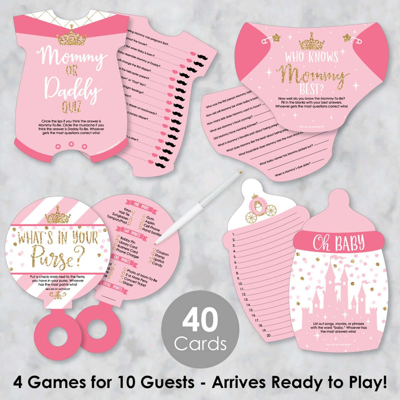 Little Princess Crown - 4 Pink and Gold Princess Baby Shower Games - 10 Cards Each - Who Knows Mommy Best, Mommy or Daddy Quiz, What&