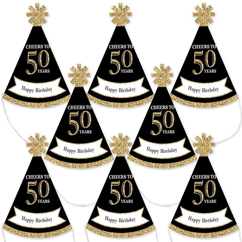 Adult 50th Birthday - Gold - Mini Cone Birthday Party Hats - Small Little Party Hats - Set of 8