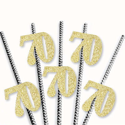 Gold Glitter 70 Party Straws - No-Mess Real Gold Glitter Cut-Out Numbers & Decorative 70th Birthday Party Paper Straws - Set of 24
