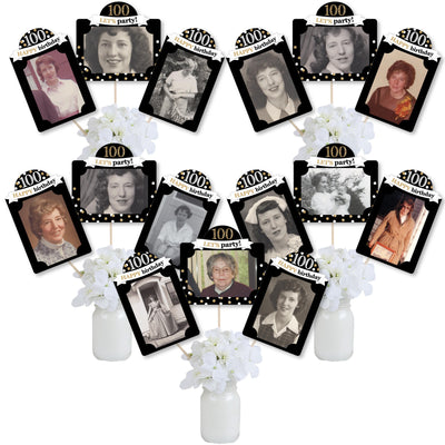 Adult 100th Birthday - Gold - Birthday Party Picture Centerpiece Sticks - Photo Table Toppers - 15 Pieces